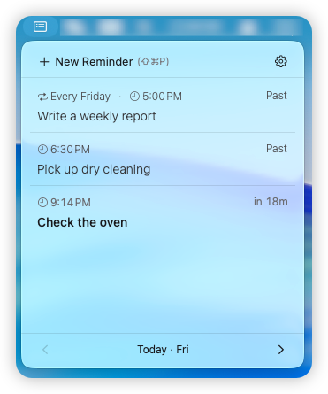 Remindy menu bar popover showing quick access to reminders