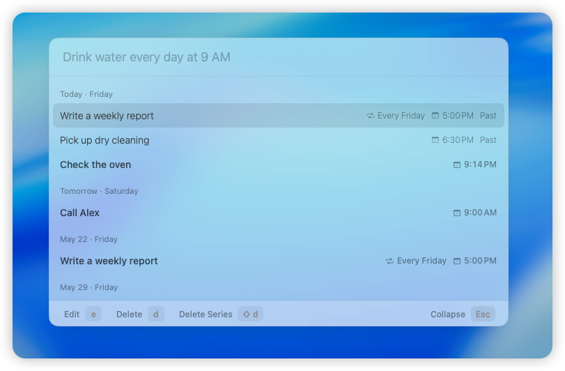 Remindy reminder list showing upcoming and recurring reminders on Mac