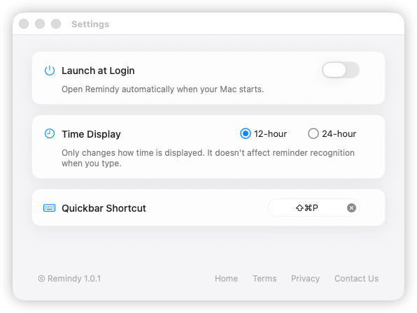 Remindy settings for launch at login, time display, and quickbar shortcut